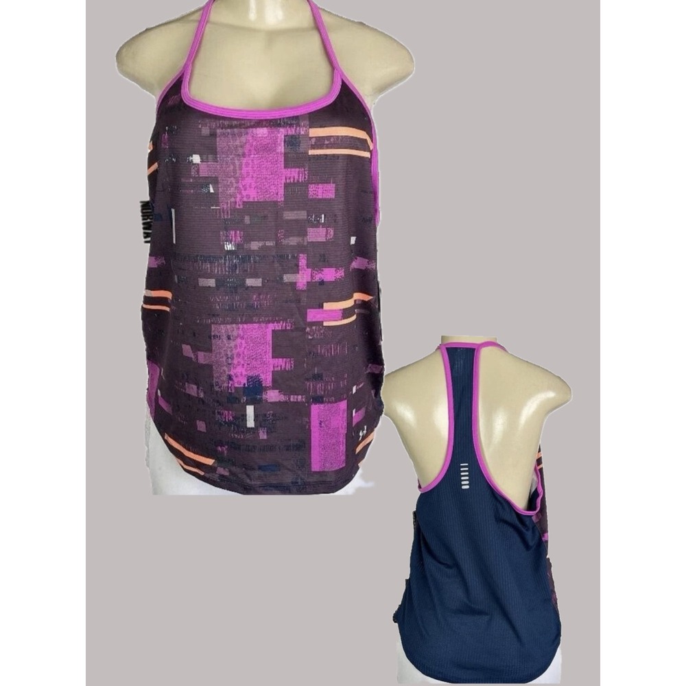 Under Armour L Purple Pink Digital Glitch Print Navy Perforated Racerback Tank